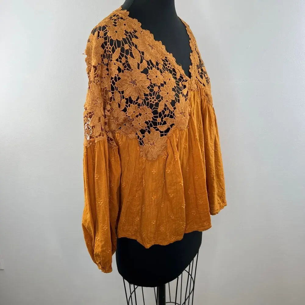 FREE PEOPLE Bronze Gold V-Neckline Bell Sleeves 100% Cotton Lina Lace Top Sz S